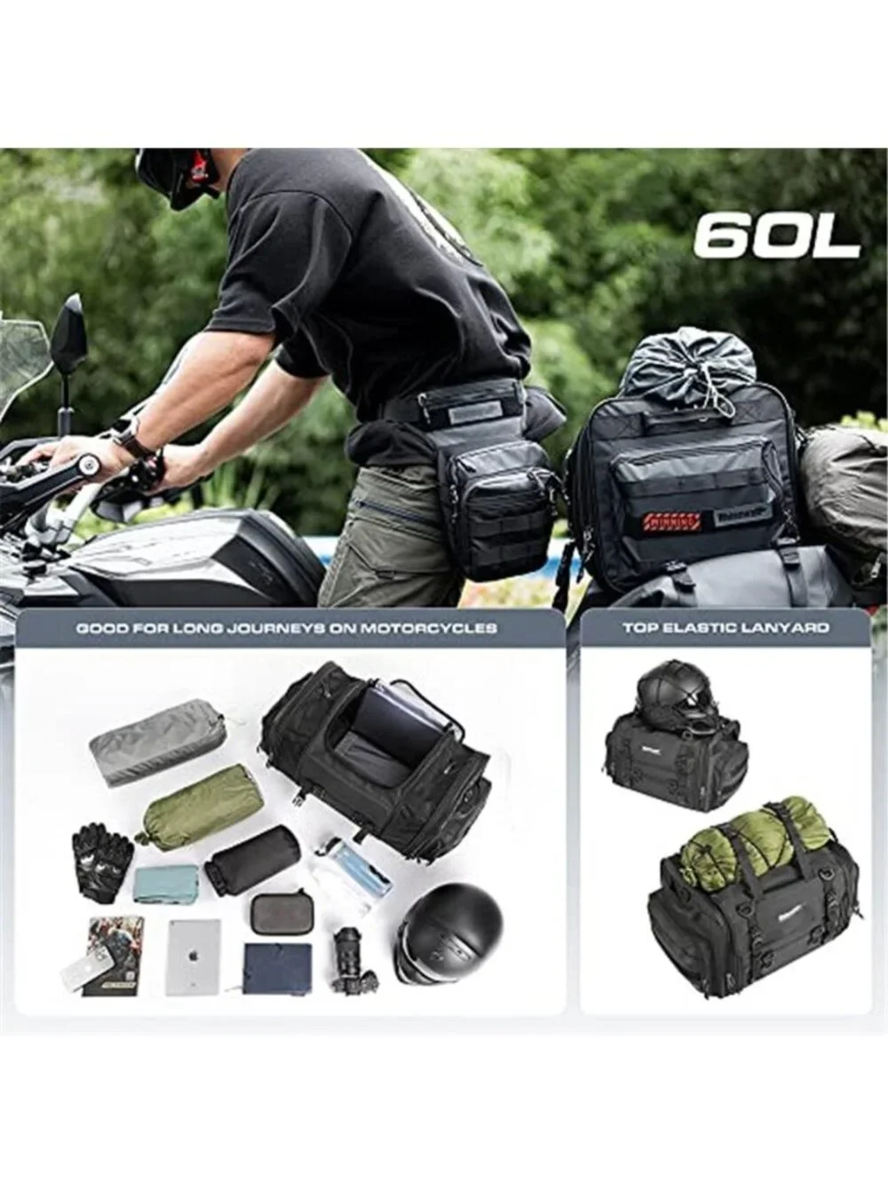 New Rhinowalk Motorcycle Tail Bag Expandable Motorcycle Travel Luggage 60L